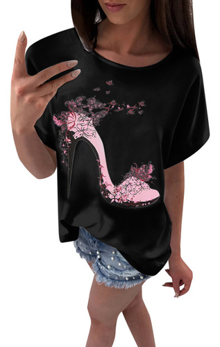 Camiseta D Para Mujer, Manga Corta, Tacón Alto, Estampado, C