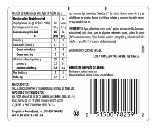 Mermelada De Mora Azul Smuckers Sin Azúcar 365 G