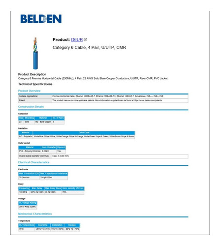 Bobina, Cat 6, Azul, 23 Awg 305m, Belden Premise, 250mhz