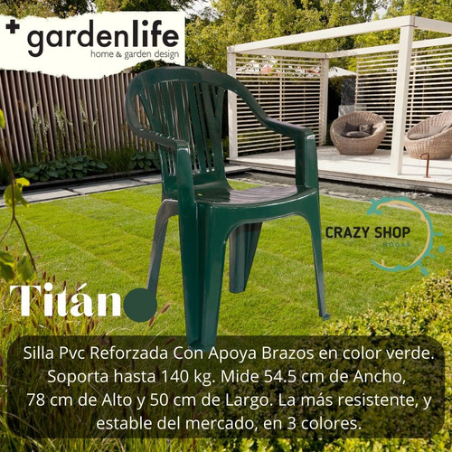 Imagen 2 de 10 de Silla Pvc Reforzada Con Apoya Brazos Hasta 120kgs Verde Off