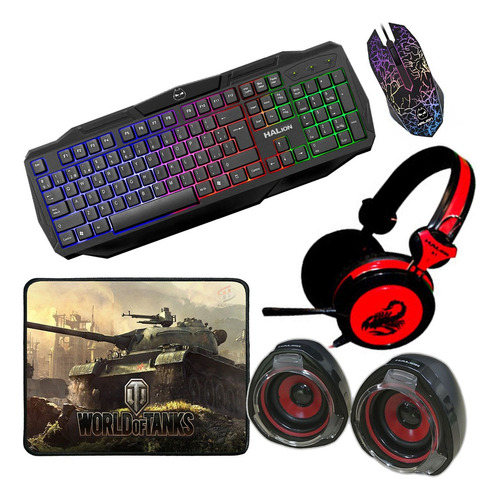 Kit Gamer Teclado + Mouse + Audifonos + Parlantes + Pad