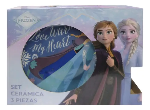 Juego X3 De Cerámica Infantil Frozen Plato, Taza Y Bowl Color Celeste