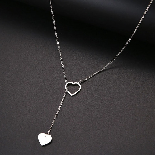 Imagen 3 de 3 de Collar Corazón Moderno Largo Lariat Acero