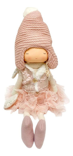 Boneca Angel Sentada Rosa Com Gorro Em Trico 55cm