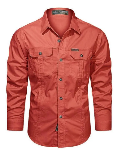 Camisa Militar De Manga Larga Con MĂșltiples Bolsillos Camisa