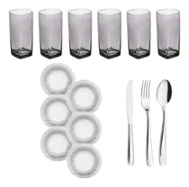 Comprar Kit 6 Copos Fumê 6 Pratos Diamante Fundo  18 Talheres