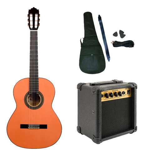 Combo Guitarra Clasica Electroacustica + Accesorios Color Caoba