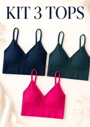 Kit 3 Top Canelado Alça Regulável Bojo Removível Sutiã Pink/ Verde/ Azul Unico