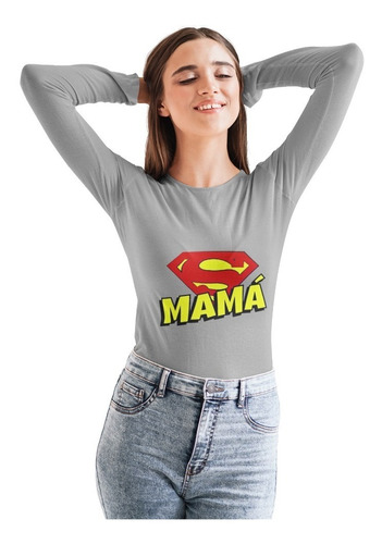 Polera Larga Super Mama Dia Madres Superman Estampado Algodo