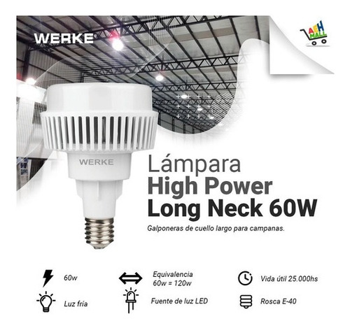 Lampara Led Galponera Hi Power Long Neck 60w E40 Pack X2u