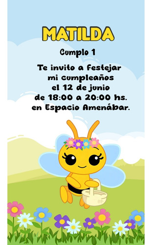 Invitación Digital Cumpleaños Abejita Chiquitita Plim Plim Celeste