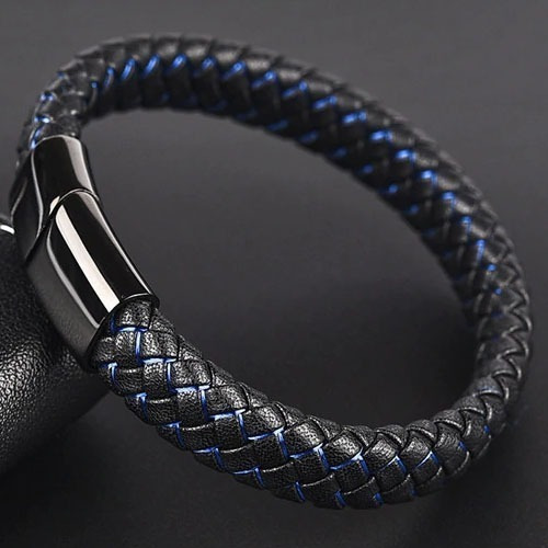 Imagem 3 de 5 de Pulseira Masculina Bracelete Em Couro Trançado E Aço Inox