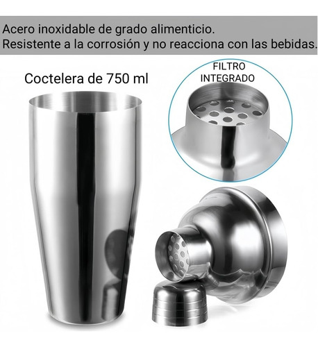 Juego De Cóctel Profesional De 5 Piezas: Coctelera De Acero