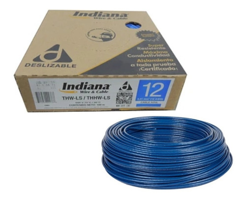 Cable De Cobre Cal 12 Thw Azul 100 Mts Indiana