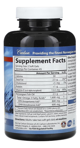 Carlson Labs Elite Omega 3 1600 Mg 90 Softgels Sfn