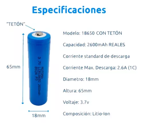 Pila Bateria Recargable 18650 Motoma 3.7v 2600mah Con Teton