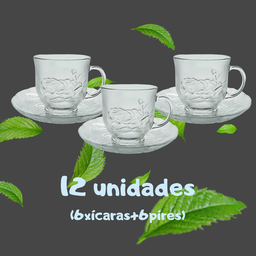 Jogo De Xícaras E Pires Em Vidro 12peças Para Chá Café 200ml