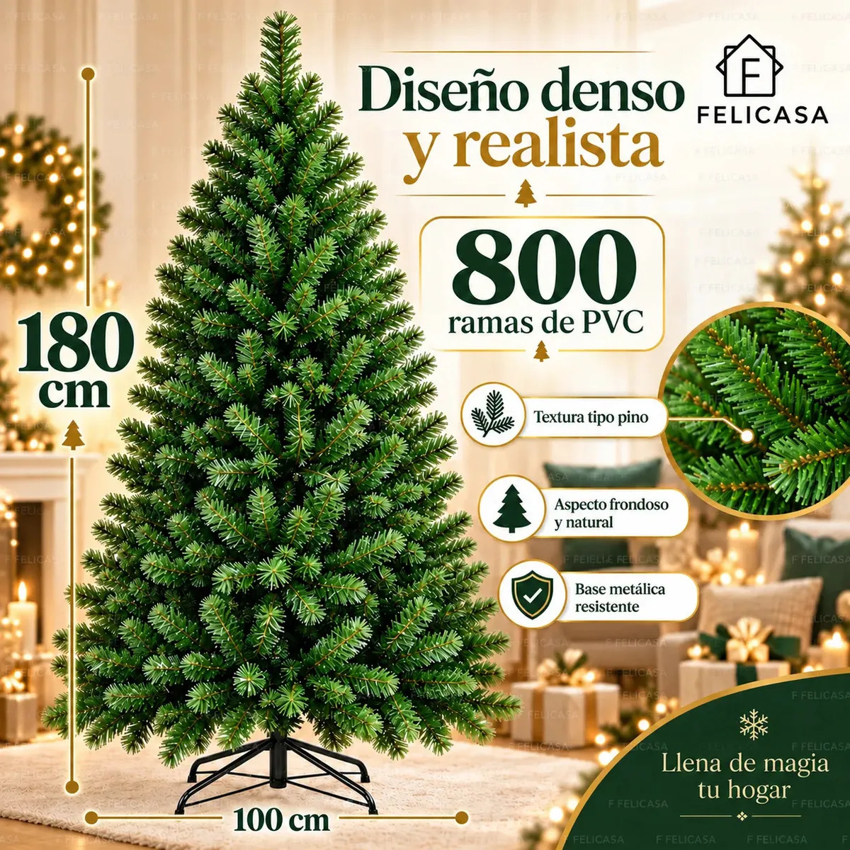 F Felicasa 1.8 Metros Arboles De Navidad Frondoso 800 Ramas Decorados Navideñas De Ramificación Pinos Navideños Decorados Decoraciones Material De Pvc Ignífugo Para Exteriores E Interiores Color Verde