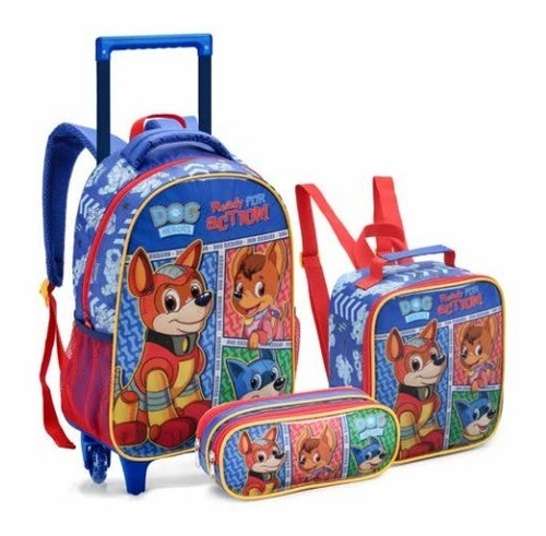 Kit Mochila Escolar Infantil Rodinha Alça Dog Heroes Seanite