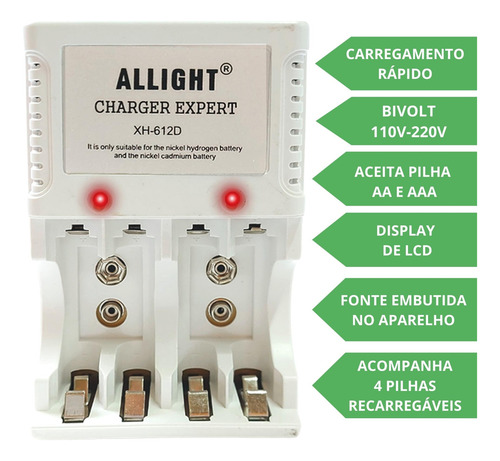 4 Pilha Recarregável Aa + Carregador Rápido Bivolt