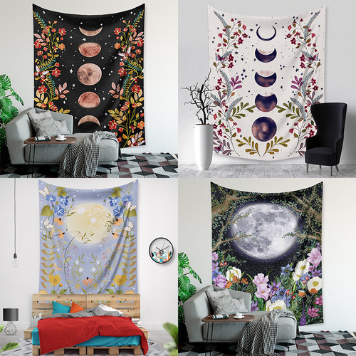Tapiz 150x200cm Fases Lunares Y Flores Para Decoración