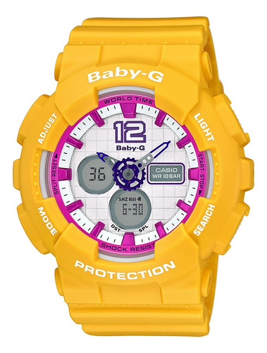 Reloj Baby-g Ba-120-9bdr Resina Mujer 100% Original Color de la correa Amarillo Color del fondo Blanco con fucsia