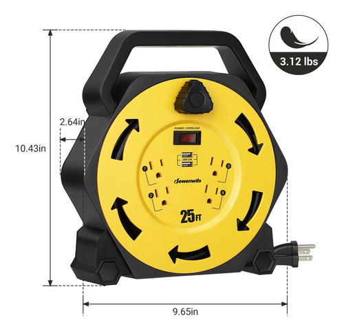 Enrollador De Cable Con 4 Tomas De Corriente, 2 Puertos Usb