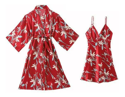 Conjunto De Bata Para Mujer, Kimono Con Flores, Conjunto De