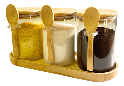Conjunto Potes De Vidro Lumai 550ml Tampa Colher Com Bandeja