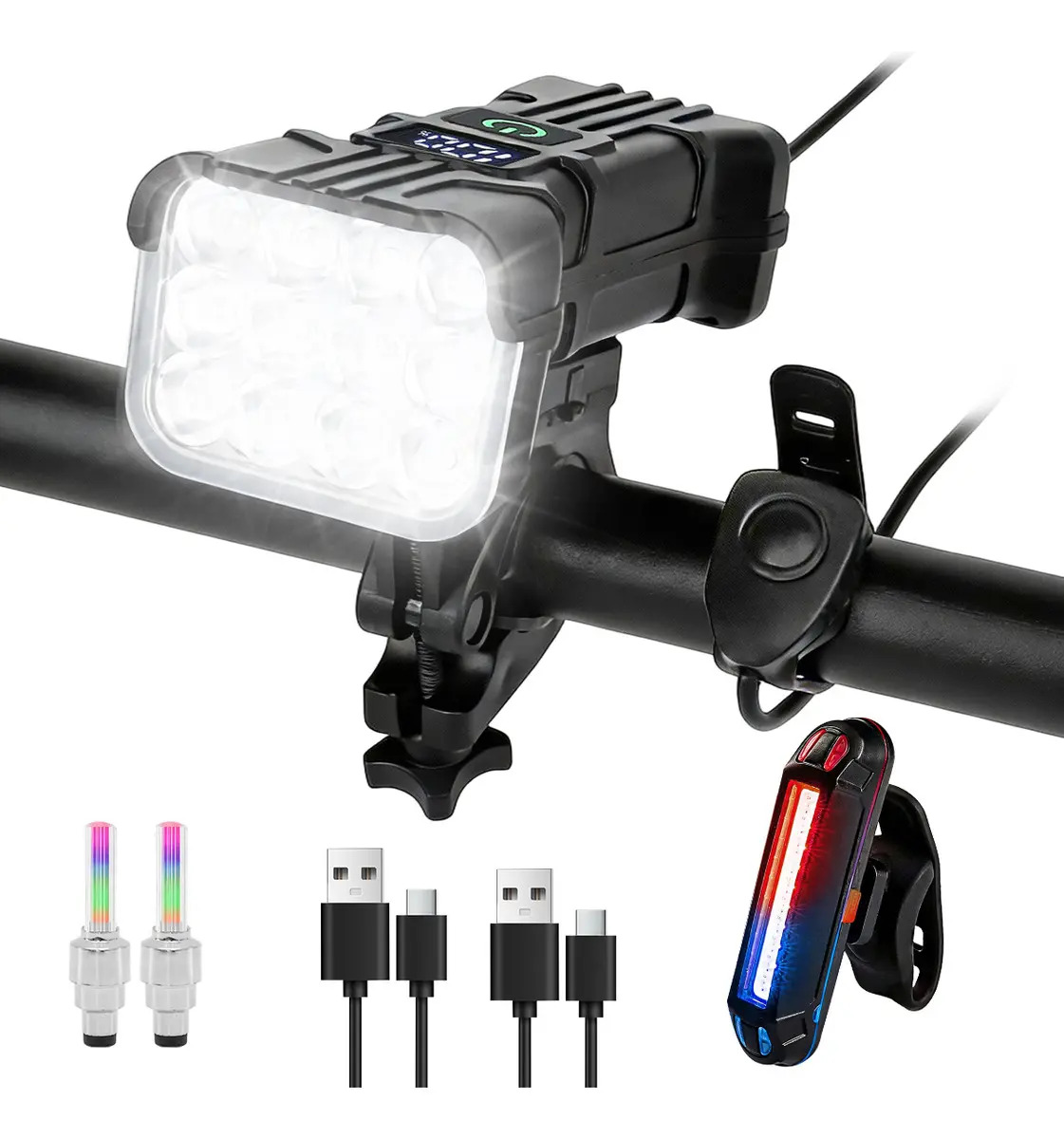 HutiirichÂź Luz Bicicleta Recargable Delantera Traser 12 Led Y Claxon Negro 3030led Ip65 Desmontable MĂșltiples Modos De IluminaciĂłn Largo Tiempo De Espera Adecuado Para Viajes Al Aire Libre O Emergenci