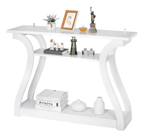 Zenstyle Mesa De Madera Con Patas Curvadas Y Estante Blanco