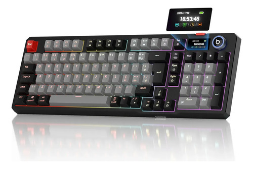 Teclado Mecânico Gamer Sem Fio ABNT2 com Tela e RGB,Conexão Tri-Mode (2.4G/BT/Cabo), Switch Vermelho, Anti-Ghosting para PC/Mac