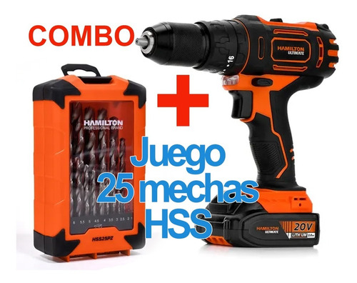 Taladro Atornillador 20volt Hamilton + Juego Mechas 25pz Hss