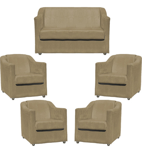 Kit Namoradeira Decorativa Para Recepção + 4 Poltronas Sala Cor Nude Desenho Do Tecido Tecido Suede