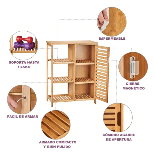 Mueble Organizador Para Baño Badecor, Madera De Bambú, Excelente Calidad, 3 Estantes Con Puerta - Alto 87cm