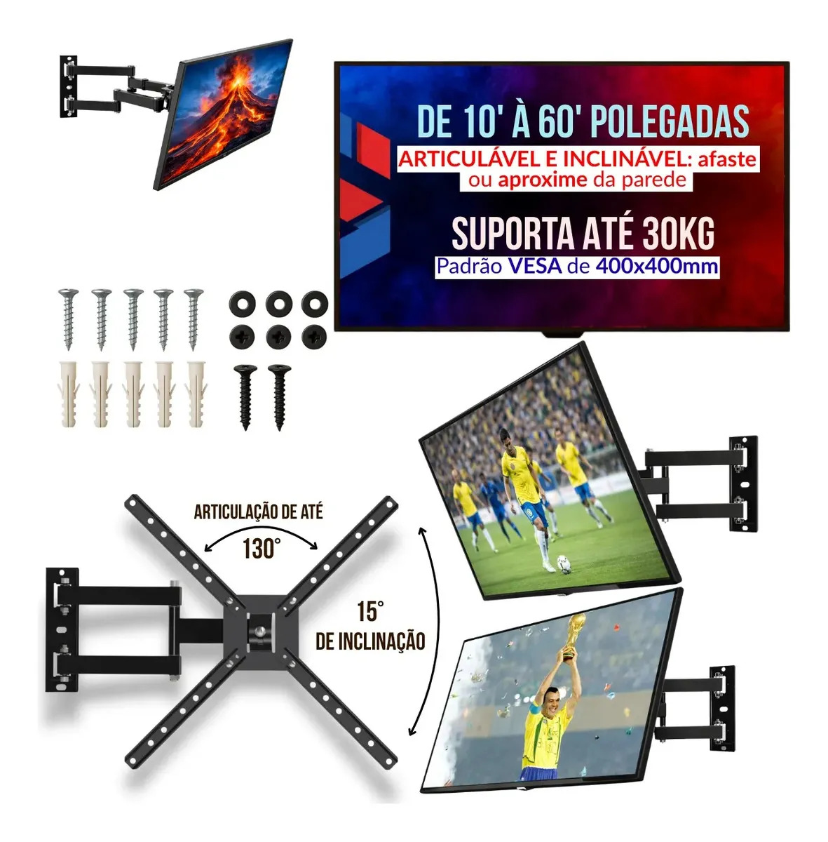 Suporte Tv Tri Articulado 10 A 60 Polegadas Universal Com Inclinação E Rotação Premium - Suporte De Parede Reforçado Para Tv Led Lcd Curva