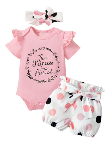 Conjunto Adorable Con Shorts De Lunares Y Diadema Con Moño Rosa 9-12 M