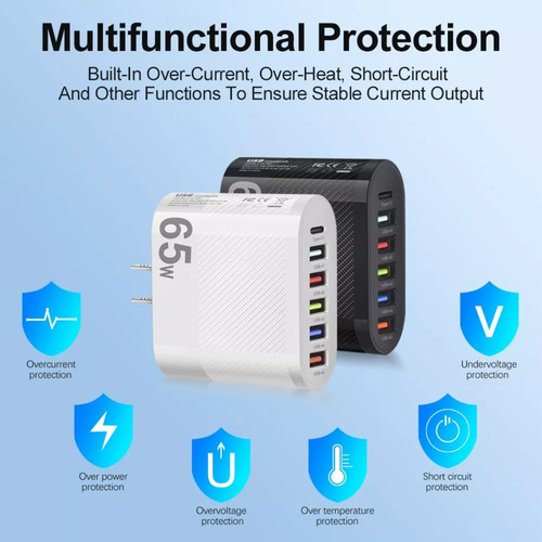 Cargador Usb 65 W Carga Rápida 5 Usb A + 1 Usb C