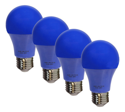 Kit 4 Lâmpada Bulbo Led 7w A60 Colorida Decorativa E27 Biv Cor Da Luz Azul