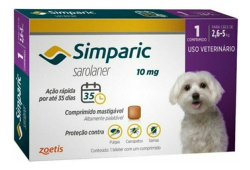 Simparic Antip E Carrapatos Cães 10mg 2,6 A 5kg - 1 Tablet