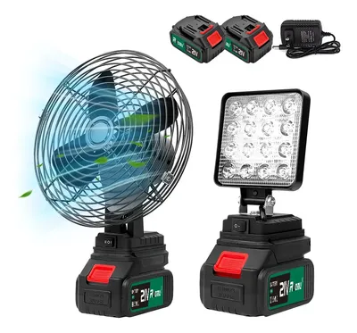 Kit Ventilador Portatil 8'' + Lanterna De Trabalho Luz Led 4'' Portatil 2 Baterias Recarregável