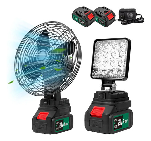 Kit Ventilador Portatil 8'' + Lanterna De Trabalho Luz Led 4'' Portatil 2 Baterias Recarregável