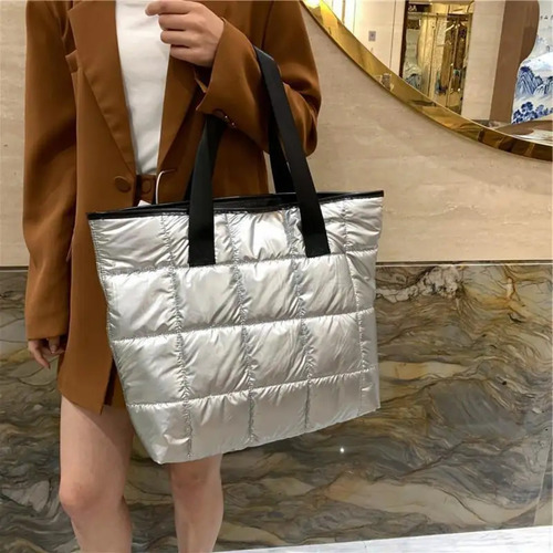 Tote Bag Carteras De Mujer Cartera Puffer Bolsos Grande Color Plateado Correa De Hombro Negro