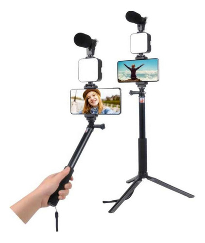 Kit Grabación Micrófono Linterna Led Trípode Soporte