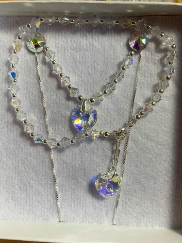 Conjunto Cristal Swarovski Aro Par Pulsera Y Cadena Corazon