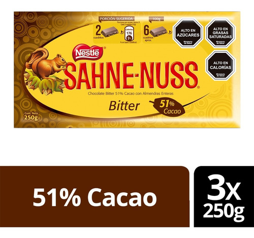 Chocolate Sahne Nuss® Bitter Barra 250g X3 Unidades