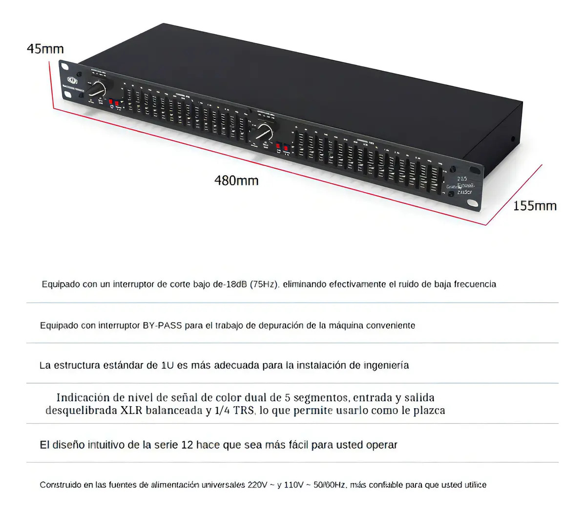 Winmix EQ215 Ecualizador Gráfico Estéreo 15 Bandas Doble Canal Con Puertos XLR Y TRS Para Audio Profesional
