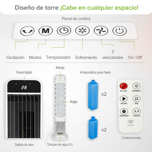 Enfriador De Aire 5l, 3 Velocidades Y Control Avera Enfair5l Blanco