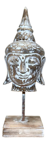 Escultura Cabeça Buda Em Madeira Whitewash Com Base A50cm