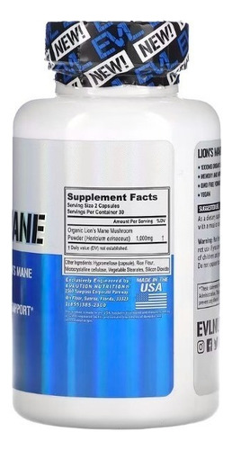 EVLution Nutrition Melena de León 500mg x 60 unid. USA Antioxidante Sistema Imunológico